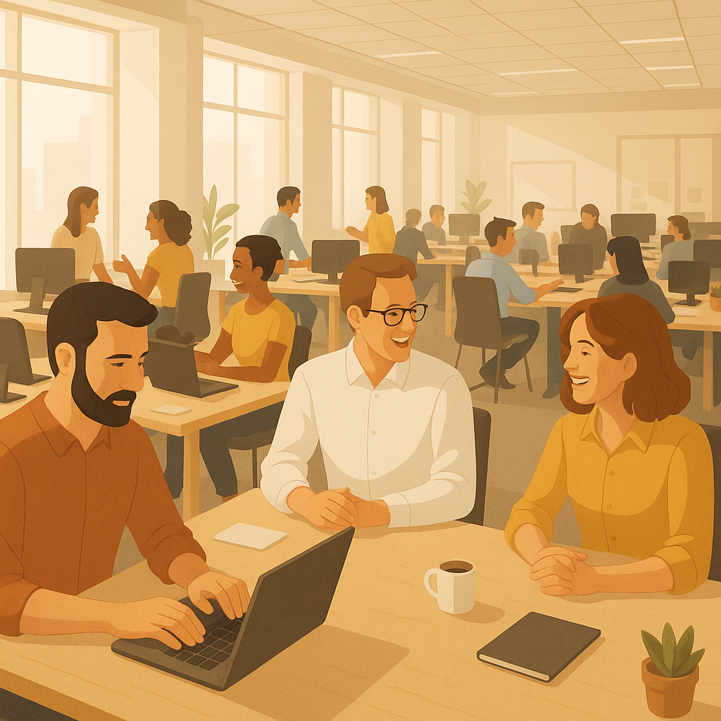 Open space lumineux avec plusieurs collègues collaborant autour de bureaux modernes dans une ambiance conviviale