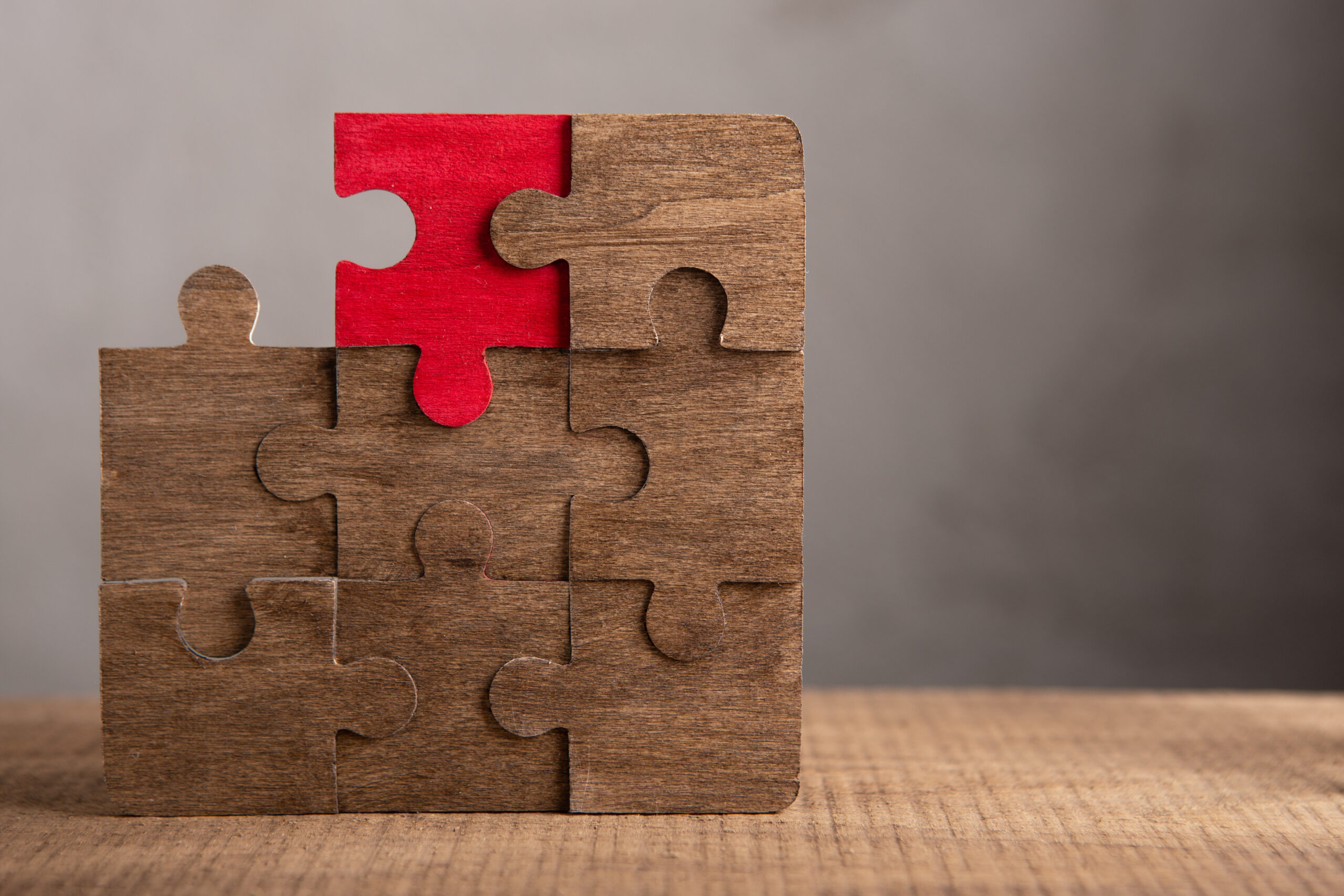 Puzzle en bois avec une pièce rouge insérée, représentant la solution d’un casse-tête.